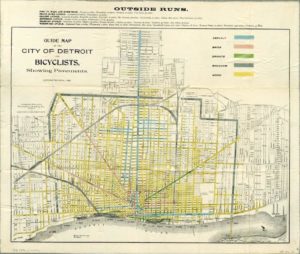 Old map of the city of Detroit, showing roads for cycling.