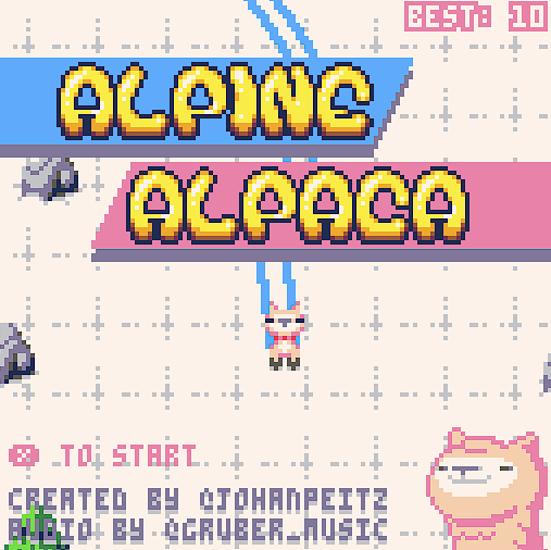 The title screen of the game Alpine Alpaca. It has 8 bit style graphics, and features an alpaca skiing down a hill.