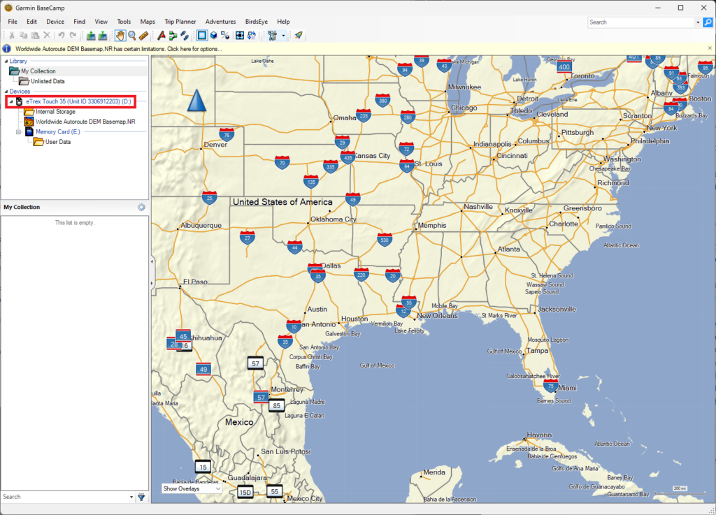 A screenshot of Garmin BaseCamp. The left hand side of the window shows that the "eTrex Touch 35" device is connected.