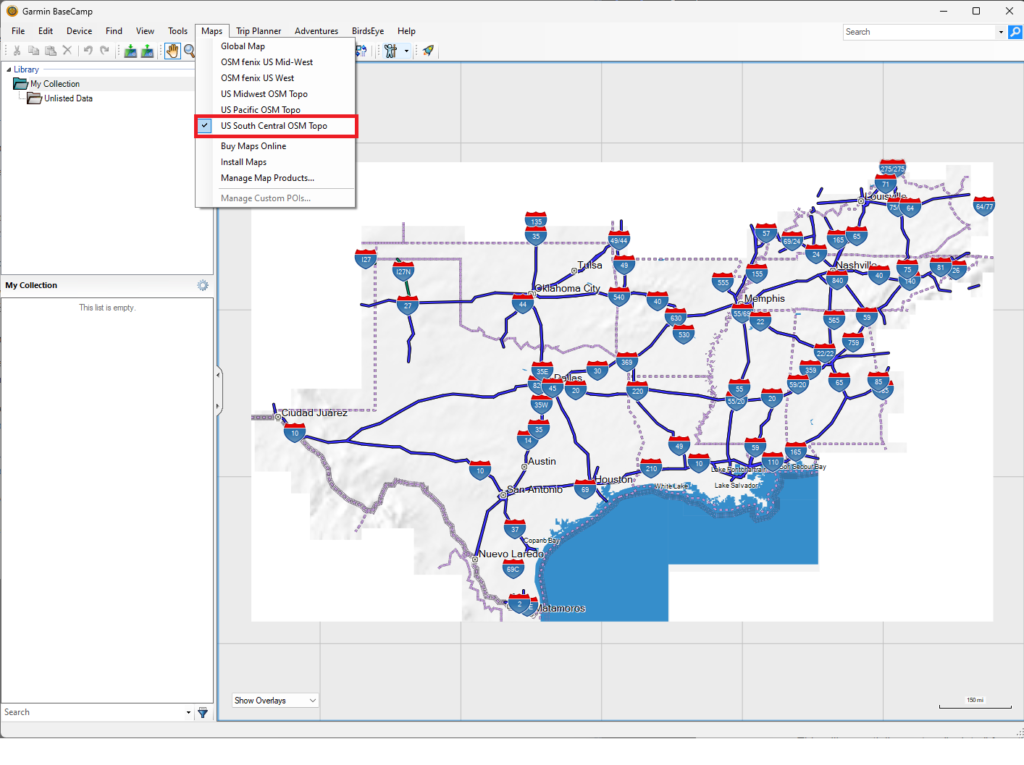 A screenshot of Garmin BaseCamp. The "Maps" menu bar item is opened, and the "US South Central OSM Topo" map is selected.