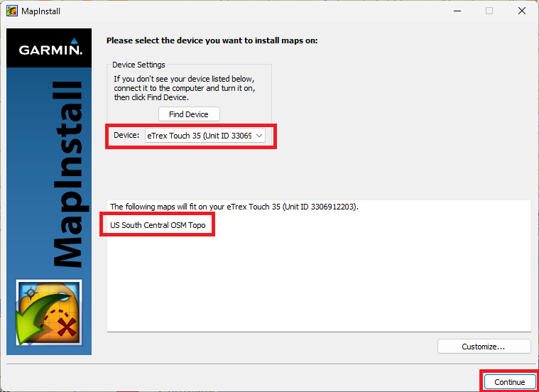 A screenshot of a Garmin MapInstall window. The screenshot shows that the correct Garmin device is connected, the US South Central OSM Topo map will be transferred, and the "Continue" button is highlighted.